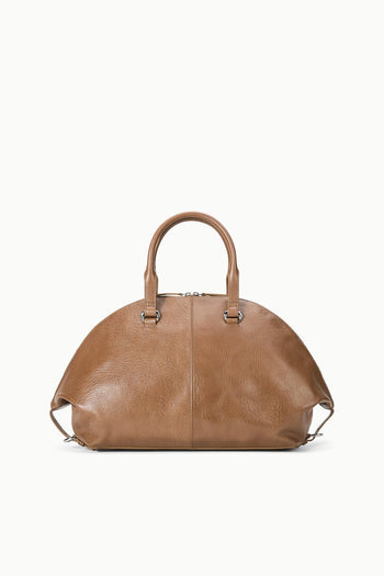 HESTER satchel in toast brown leather, two top handles, center seam, zip closure