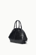 Black satchel bag with short top handles and rounded structured shape