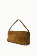 Harlow messenger bag, cigar-brown suede with braided trim and shoulder strap