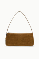 Brown suede shoulder bag with wide top handle and front zipper pocket