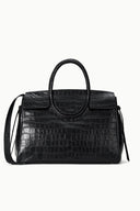 Black croc-embossed carryall handbag with top handle and shoulder strap, front flap