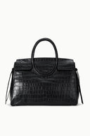 Black croc-embossed satchel handbag with oval top handle and front flap pockets