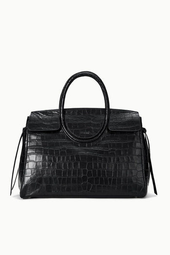 Black croc-embossed satchel handbag with oval top handle and front flap pockets