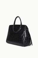 Black croc-embossed large carryall handbag with top handle and front flap
