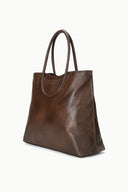 MAUDE espresso tote bag with curved handles, structured top, distressed leather look