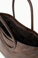 Espresso tote bag interior with zip pocket and slip compartments, view from top