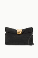 Dark mocha cuff clutch with gold-tone clasp and short shoulder strap