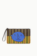 Beaded large pouch with striped pattern, blue face charm, and wrist strap