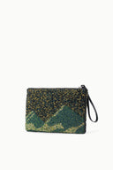 Multicolor glitter beaded pouch with top zipper and black wrist strap