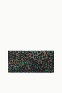 Sequin leopard-print clutch bag with teal accents and top zipper closure