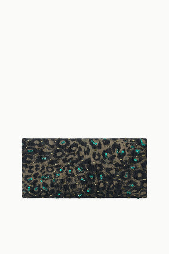 Sequin leopard-print clutch bag with teal accents and top zipper closure