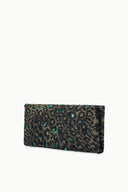 Leopard-print sequin clutch bag with teal speckles and top zipper