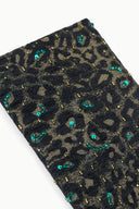 Leopard-print sequin fabric close-up with teal accents and gold threads