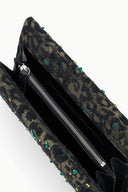 Leopard-print sequin clutch with black interior and silver-tone zipper