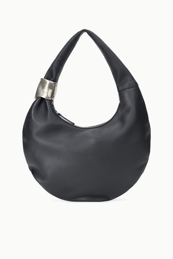 Black crescent hobo bag with open top and silver cuff detail at handle