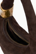 Espresso suede hobo bag with gold-trim zipper and cuff handle