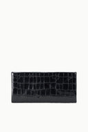 Black croc-embossed leather clutch bag with top zipper closure