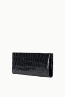 Black croc-embossed leather clutch with slim profile and top zipper