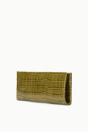 Olive crocodile-texture clutch bag, angled side view
