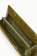 Olive crocodile-texture zip-top clutch bag with suede interior lining