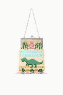 Beaded frame bag with silver chain strap, colorful dinosaur motif and fringe tassels