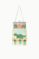 Beaded frame bag with chain strap, multicolor dinosaur design and dangling fringe