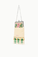 Small beaded frame bag with silver chain, dinosaur pattern and long fringe