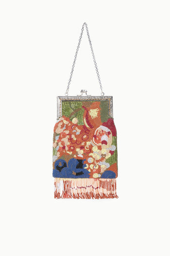 Beaded frame bag with chain strap, multicolor abstract floral print, fringe tassels
