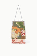 Beaded frame bag with chain strap, abstract art print, fringe tassels