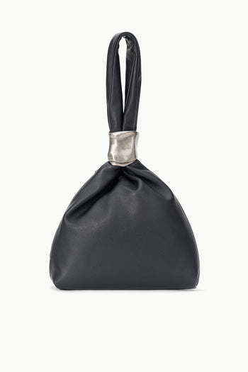 Black leather cuff bag with silver top handle and gathered pouch silhouette