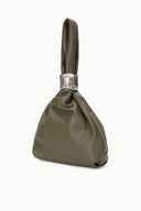 Cuff bag in olive green with silver cuff top and side zipper opening