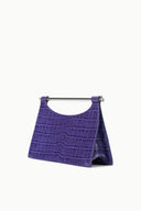 Purple crocodile-pattern clutch with hinged silver bar and structured front flap