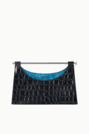 Black croc-embossed clutch with top bar clasp and short strap, blue suede lining.