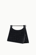 Black croc-embossed clutch bag with top bar clasp, structured trapezoid shape.