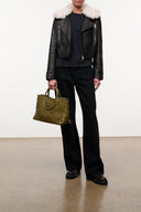 Olive croc-embossed satchel with two top handles, structured box shape