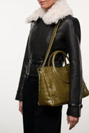 Croc-embossed olive satchel with two top handles and front seam detail