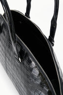 Black crocodile-texture satchel with zip-top opening and black interior