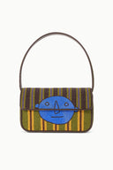 Beaded handbag with multicolor striped fabric and blue front emblem, top handle