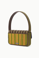 Beaded handbag with multicolor striped pattern and brown top handle, side view