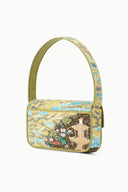 Beaded mini handbag with top handle, blue and gold floral sequin panel