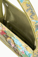 Beaded mini handbag open interior with olive lining and zip pocket