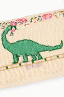TIMMY convertible shoulder bag detail, beaded cream fabric with green dinosaur