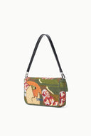 Beaded shoulder bag with black straps, multicolor floral graphic, rectangular flap.