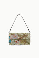 Green convertible shoulder bag with multicolor fruit and floral beadwork