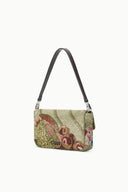 Multicolor fruit print convertible shoulder bag with dark adjustable shoulder straps