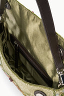 Convertible shoulder bag interior with zip pocket and green beadwork; dark strap