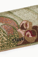 Green beaded bag section with multicolor fruit and flower motifs