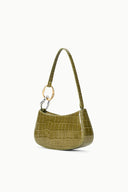 Olive croc-embossed shoulder bag with single top handle and gold hardware
