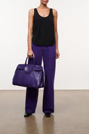 Purple croc-embossed carryall bag with front flap and double top handles