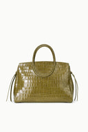 Maude carryall handbag in martini green croc-embossed leather, side straps visible